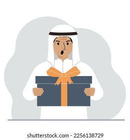 Screaming muslim man holds a large gift box with a bow in his hands. Vector flat illustration