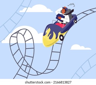 Screaming office man in hat riding on roller coaster flat style, vector illustration. Scared male character with open mouth lost glasses, financial crisis metaphor