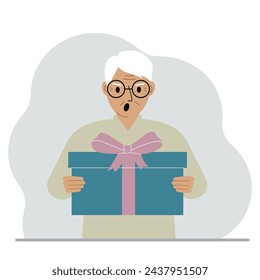 Screaming old man holds a large gift box with a bow in his hands. Vector