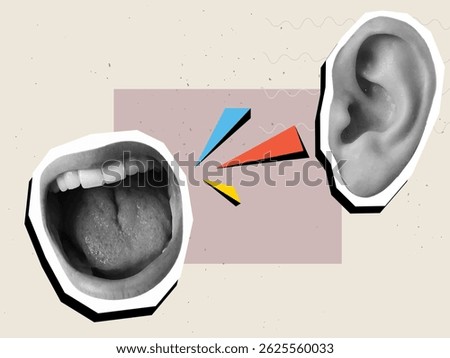Screaming open mouth and ear - communication concept. Modern collage style. Vector illustration
