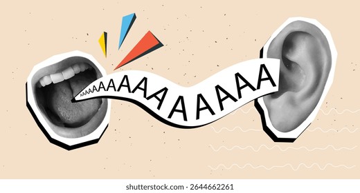 Screaming open mouth and ear. Modern collage style. Vector illustration
