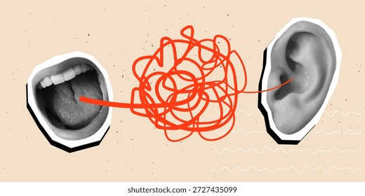 Boca aberta gritando com uma bola vermelha e orelha. Estilo de colagem moderno. Ilustração vetorial