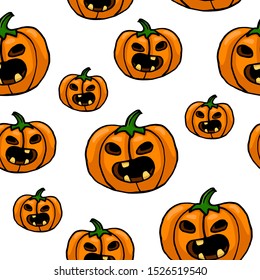 Screaming orange pumpkins, white background. Vector seamless pattern. October Halloween vector illustration. Cartoon design. Fall season