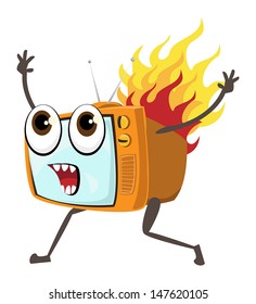 screaming orange tv set running around with flames, vector illustration