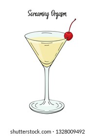 Screaming orgasm cocktail, with cherry decorations. For cafe and restaurant menu, packaging and advertisement. Hand drawn. Isolated image. Vector illustration.