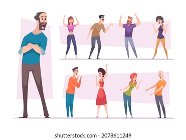 Screaming people. Angry couples in bad solution destructive business connection thrilling persons exact vector illustrations collection isolated