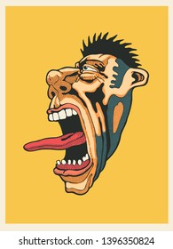 Screaming Punk Head. Drawing Style. Vector illustration.