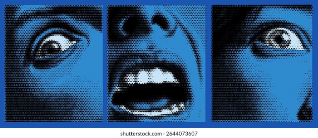 Gritando Punk Woman com Blue Vibes e Arte de Meio-Tom. Uma Voz de Angústia e Ansiedade no Retro Collage Design