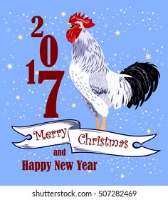 Screaming Rooster on a banner background with a wish of Merry Christmas