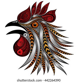 Screaming rooster patterns. Festive rooster with colorful feathers for the New year 2017