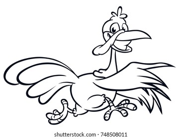 Screaming running cartoon turkey bird character. Vector illustration of turkey escape for coloring book. Black and white strokes