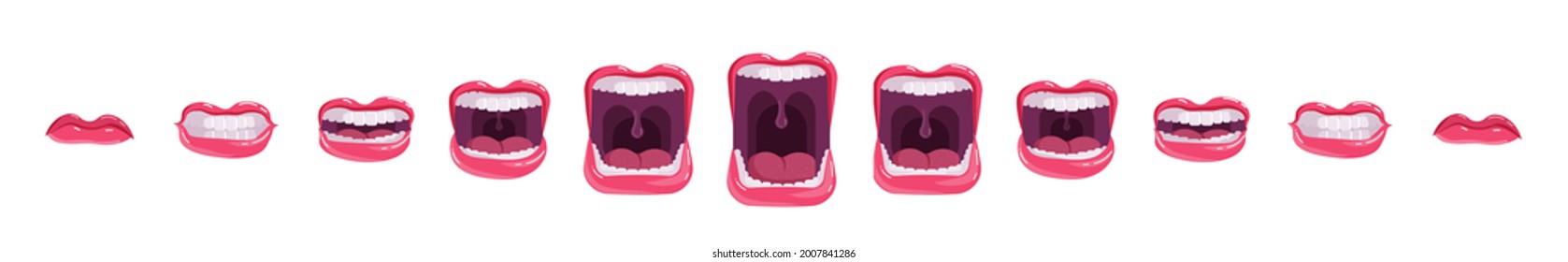 Screaming shouting mouth with teeth and tongue extended set. Singing yawning human lip in various stage of opening for different wow emotion expression vector illustration isolated on white background