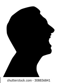 Screaming silhouette, turned man head with open mouth, black, on white background