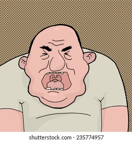 Screaming single chubby bald Caucasian man cartoon