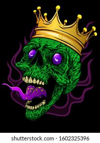Screaming skull with crown poster design. Hand drawn vector illustration of green scary skull on black background with flames.