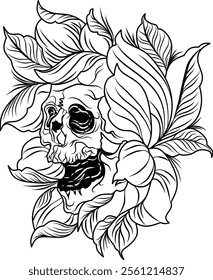 A screaming skull with hair full of leaves