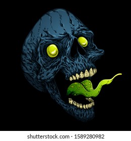 Screaming skull head with tongue. Hand drawn vector illustration in graphic style. Isolated on white background.