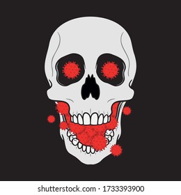 screaming skull with the loud corona viruses sticking out of its mouth. black background, comic, vector illustration.