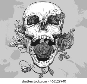 screaming skull with rose flowers, vector illustration