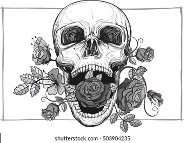 screaming skull with rose flowers, vector illustration