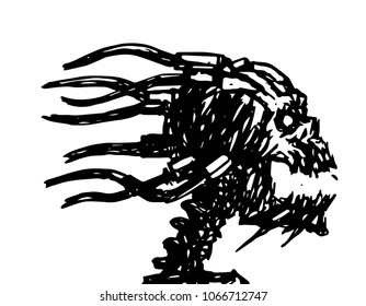 Screaming skull with wires on the back of the head. Vector illustration. Science fiction and horror.