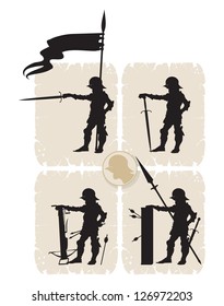 Screaming soldier. Silhouettes warriors, 4, vector