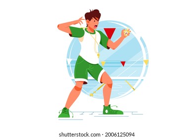 Screaming sport coach swimming man with stopwatch for training. Isolated concept worried male mentor for sportsmen in swimming pool. Vector illustration.