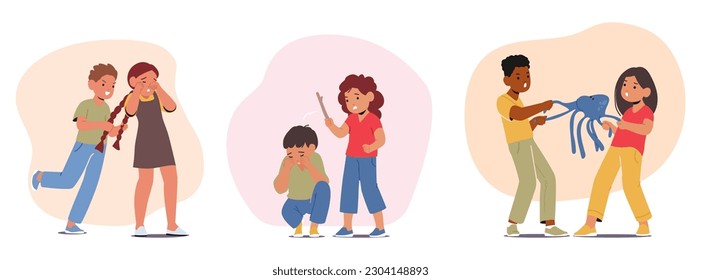 Screaming, Tantrums, Hitting, Defiance Scenes Of Children's Bad Behavior who need Discipline, Communication, And Patience Help Guide Them Towards Emotional Growth. Cartoon People Vector Illustration