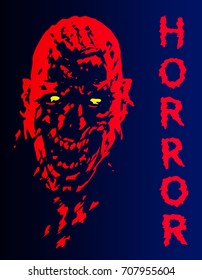 Screaming vampire head in red and blue colors. Vector illustration. Scary bloody monster character. The genre of horror.