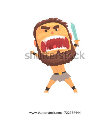 Screaming warrior attacking with sword, furious man with emotional face cartoon character vector illustration