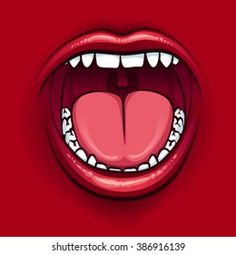 Screaming wide open mouth with red lips on red background. Vector illustration