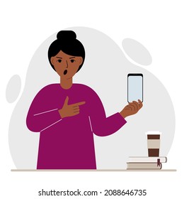 A screaming woman holds a mobile phone in one hand and points at it with the index finger of his other hand. Vector flat illustration