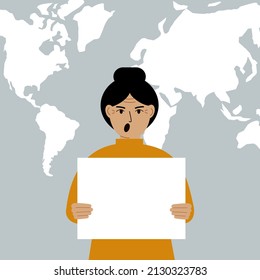 Screaming woman holds and shows a white blank sheet, or a poster. Against the backdrop of the karate of the world. Vector flat illustration