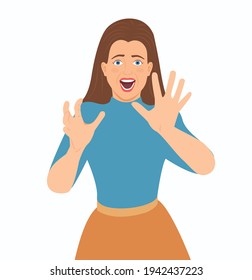 Screaming Woman Making Stop Gesture With Her Hands. Young woman shouting emotional with open mouth and eyes. Stressed Woman Hands Outstretched and Saying Stop. isolated flat design Vector illustration