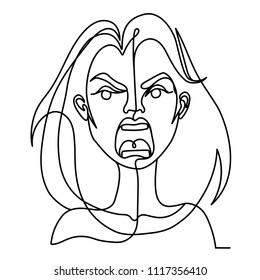 Screaming Woman One Line Art Portrait. Unhappy Female Facial Expression. Hand Drawn Linear Woman Silhouette. Vector illustration