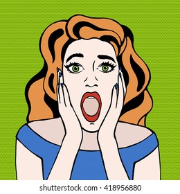 Screaming woman pop art. Scared woman. Surprised woman. Vector illustration.