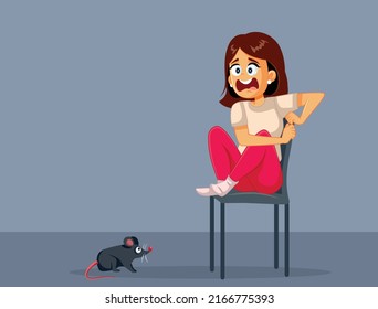 
Screaming Woman Scared Of Rats Vector Cartoon Illustration. Scared Person Having A Panic Attack From Pest Infestation At Home
