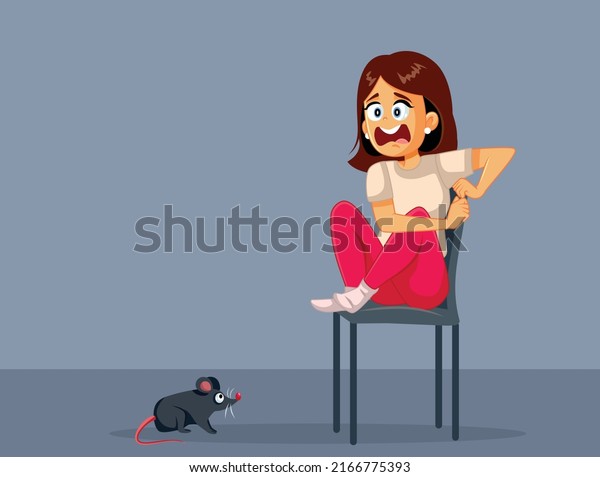 \
Screaming Woman Scared of Rats Vector Cartoon\
Illustration. Scared person having a panic attack from pest\
infestation at\
home\
