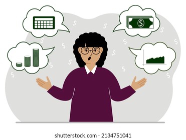 Screaming woman thinking about finances. In my thoughts money, calculator, charts. For posters, banners, websites. Vector flat illustration