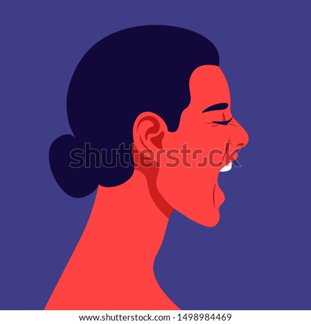 Screaming woman's face in profile. Head of a girl in stress on the side. Aggression and irritation. Vector flat illustration