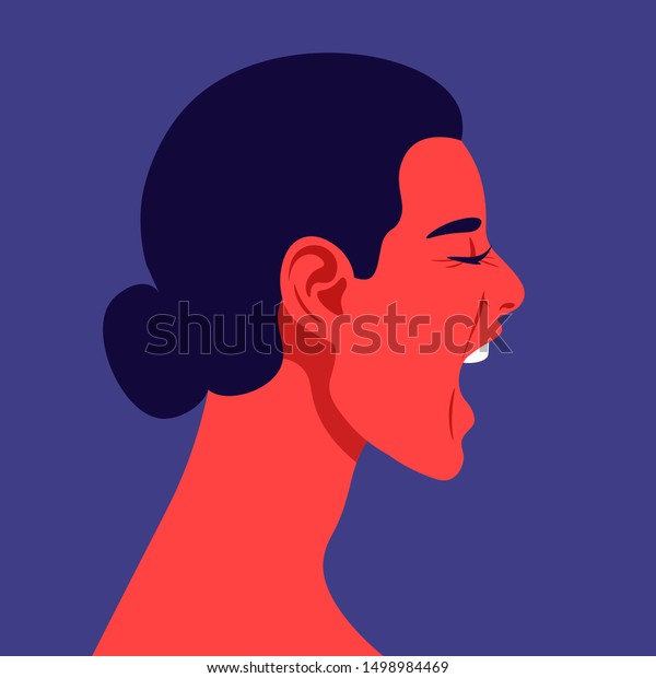 Screaming woman\'s face in profile. Head of a\
girl in stress on the side. Aggression and irritation. Vector flat\
illustration