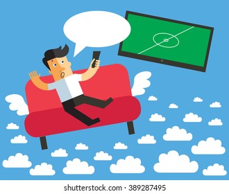 Screaming young men with message bubble watching football game via tv on sofa. Soccer at home television relaxation. Funny vector flat illustration