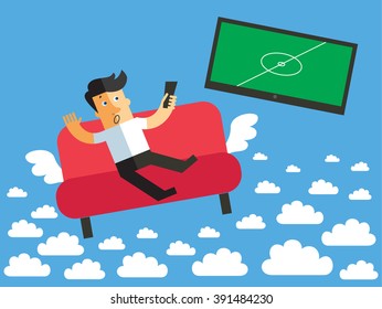 Screaming young men watching football game via tv on sofa. Soccer at home television relaxation. Funny vector flat illustration