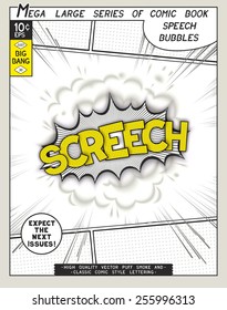 Screech. Explosion in comic style with lettering and realistic puffs smoke. 3D pop art speech bubble. Vector graphics CMYK