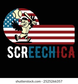 Screechica Baseball Hawk American Flag Camiseta divertida