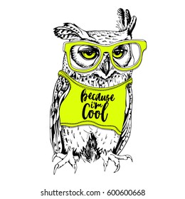 Screech-owl in the bright t-shirt and neon yellow glasses on a white background. Vector illustration.