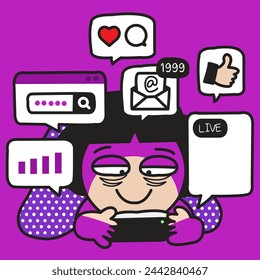 A Screen Addict Woman Spend Her Whole Night With Smartphone Concept Card Character illustration