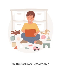 Screen addiction isolated cartoon vector illustration. Child playing on tablet, watching on the screen, many toys scattered around, unhealthy lifestyle, kids bad habits vector cartoon.