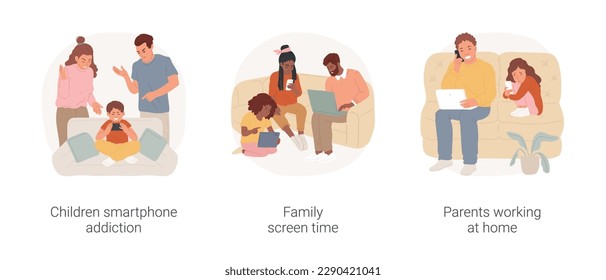 Screen addiction isolated cartoon vector illustration set. Children smartphone addiction, digital overload, family screen time, parents working at home, teleworking, home office vector cartoon.