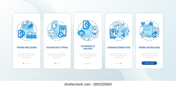 Screen addiction prevention onboarding mobile app page screen with concepts. Work-life balance, talking walkthrough 5 steps graphic instructions. UI vector template with RGB color illustrations